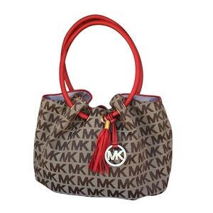 Michael Kors Signature Jacquard East West Ring Tan Orange Red Medium Tote Bag